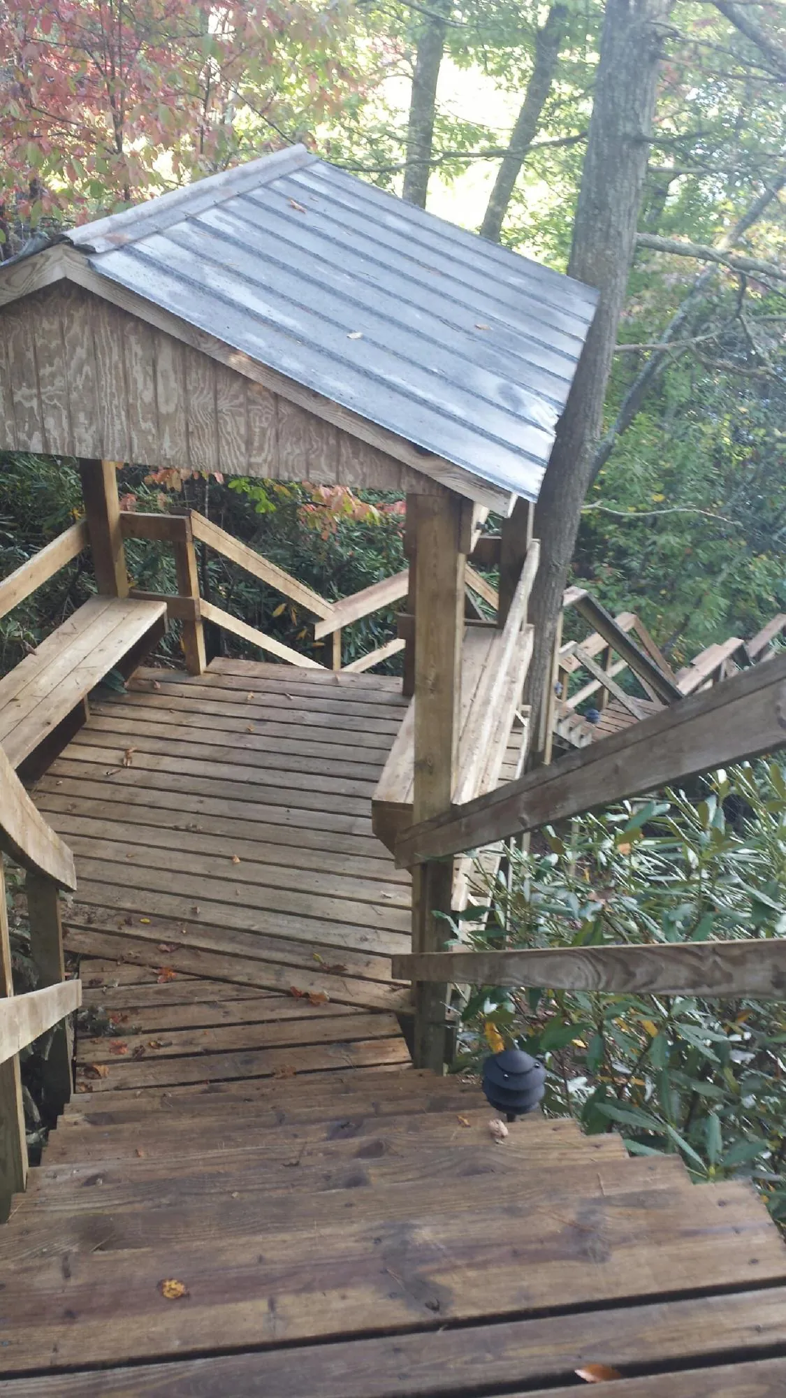 Metal roofed shelter over wooden steps on a wooded walkway — Skylight Repair & Installation work by our crew in Yachats
